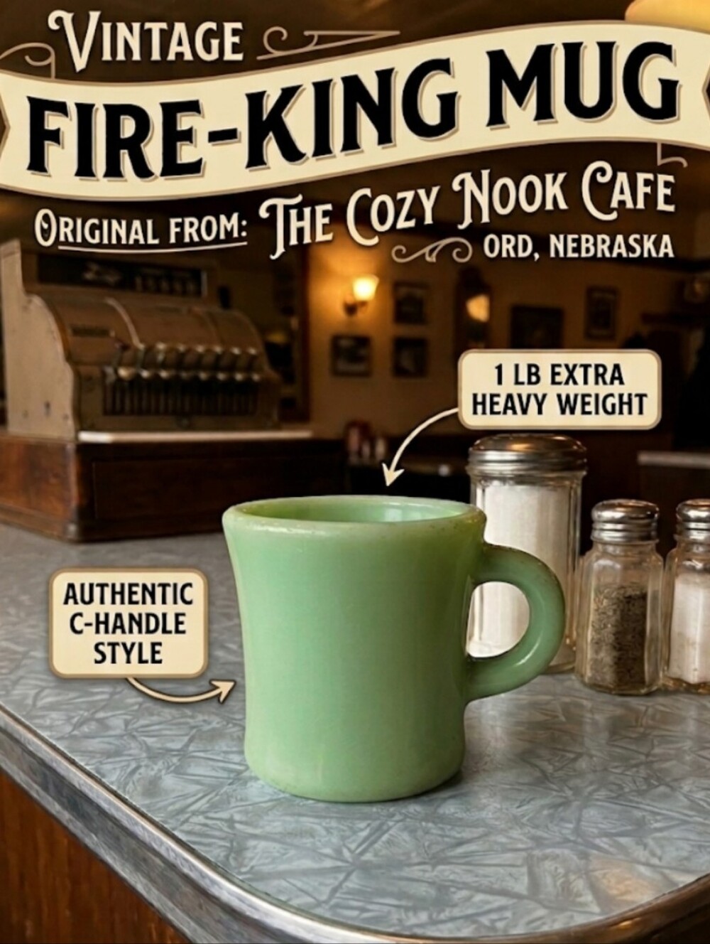 Vintage Fire-King Jadeite Extra Heavy C-Handle Mug 1950s The Cozy Nook Cafe